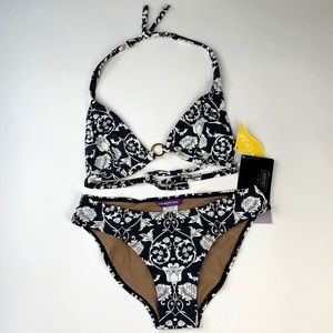 NWT Black & White Floral Print String Bikini Cia Maritima